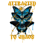 Imagem artística com borboletas azuis e pretas entrelaçadas, acompanhadas de um sol estilizado. O texto "ATTRACTION TO CHAOS" em letras grandes e amarelas destaca a composição, que combina elementos de natureza e caos. Ideal para projetos de design gráfico e arte contemporânea.