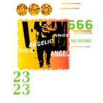 Imagem colorida com elementos gráficos vibrantes, incluindo texto estilizado "ANGELIC" repetido, números 666 e 23, e a frase "NO DRAMA". O fundo apresenta uma transição de cores do amarelo ao laranja, com detalhes como padrões de linhas e formas geométricas. Ideal para design gráfico moderno e criativo.