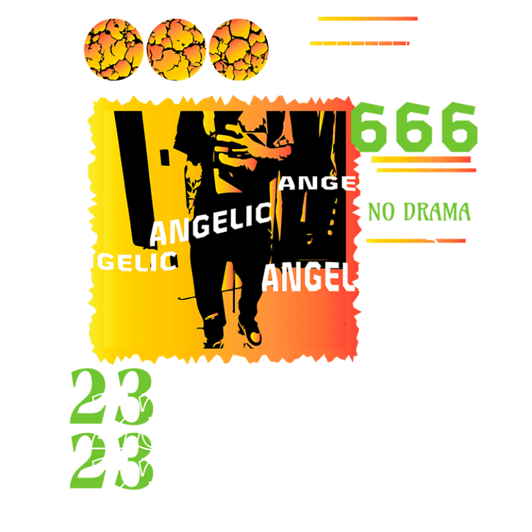 Imagem colorida com elementos gráficos vibrantes, incluindo texto estilizado "ANGELIC" repetido, números 666 e 23, e a frase "NO DRAMA". O fundo apresenta uma transição de cores do amarelo ao laranja, com detalhes como padrões de linhas e formas geométricas. Ideal para design gráfico moderno e criativo.