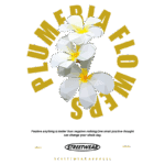 Imagem estilizada de flores de plumeria em um design moderno, com texto em destaque "PLUMERIA FLOWERS" e uma citação sobre pensamentos positivos. Ideal para promoção de moda streetwear.