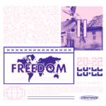 Imagem com design gráfico que destaca a mensagem "FREEDOM" e temas de paz, mostrando um fundo com uma casa danificada e elementos abstratos. O texto enfatiza a importância da liberdade e a rejeição da guerra, utilizando cores vibrantes e uma composição artística.