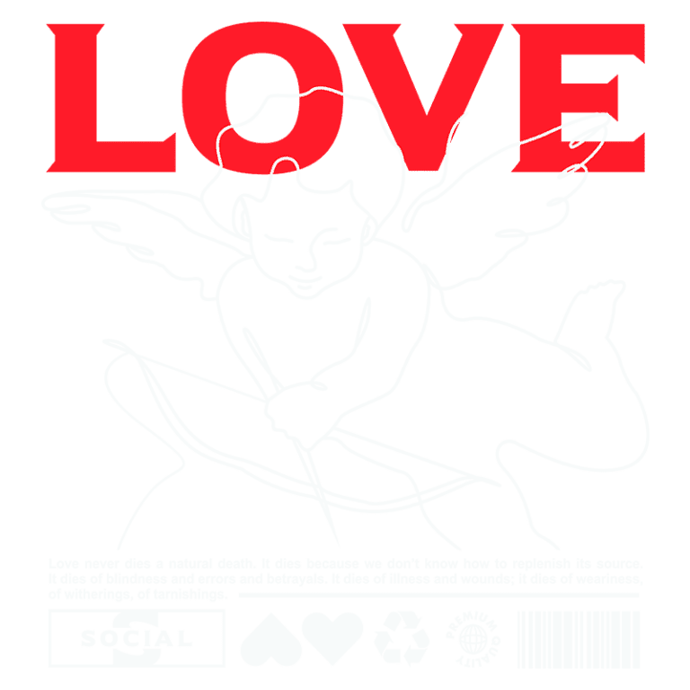 Imagem estilizada com a palavra "LOVE" em destaque, acompanhada de um anjo cupido desenhado em linhas brancas. O fundo verde contrasta com os elementos, enquanto uma citação reflexiva sobre a natureza do amor é apresentada na parte inferior. Elementos gráficos adicionais, como ícones de reciclagem e símbolos sociais, complementam a composição.