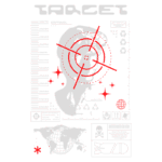 Imagem estilizada de um rosto humano dentro de um alvo, com elementos gráficos que incluem ícones de controle, reciclagem e advertências. O fundo apresenta um mapa-múndi e símbolos relacionados a perigos, como radiação e morte, destacando um tema de vigilância e controle.