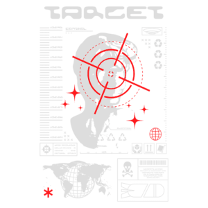 Imagem estilizada de um rosto humano dentro de um alvo, com elementos gráficos que incluem ícones de controle, reciclagem e advertências. O fundo apresenta um mapa-múndi e símbolos relacionados a perigos, como radiação e morte, destacando um tema de vigilância e controle.