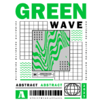 Imagem abstrata com o texto "GREEN WAVE" em destaque, apresentando padrões ondulados em verde e branco, além de elementos gráficos como grades e ícones. Design moderno para moda streetwear, 2023.