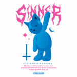 Ilustração de uma figura azul em estilo streetwear, com a palavra "SINNER" em rosa e um símbolo de cruz. A imagem transmite uma mensagem sobre consciência e vaidade. Ideal para moda urbana e cultura jovem.