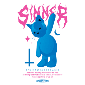 Ilustração de uma figura azul em estilo streetwear, com a palavra "SINNER" em rosa e um símbolo de cruz. A imagem transmite uma mensagem sobre consciência e vaidade. Ideal para moda urbana e cultura jovem.