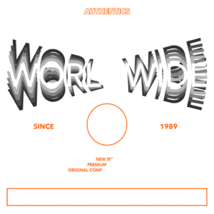 Camiseta estilizada com o texto "WORLDWIDE" e design moderno, destacando a marca "Authentics" e informações sobre a empresa, incluindo "Desde 1989" e "Nova Estilo, Divisão Premium". Ideal para quem busca moda contemporânea e atraente.