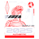 Imagem gráfica futurista com design em vermelho e preto, apresentando uma figura usando óculos de realidade virtual, destacando elementos do metaverso, data "2025" e a palavra "AUTHENTIC". Ideal para temas de tecnologia e inovação.