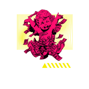 Imagem com design gráfico vibrante apresentando uma figura infantil sorridente cercada por notas de dinheiro, simbolizando riqueza e sucesso. O título "millionaire" está destacado em letras grandes e estilizadas, complementado por elementos gráficos em cores contrastantes. Ideal para temas relacionados a finanças, estilo de vida luxuoso e arte contemporânea.