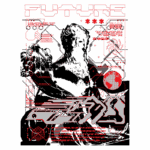 Imagem com uma estátua clássica em estilo futurista, acompanhada de elementos gráficos em vermelho e preto, incluindo texto sobre tecnologia e um globo terrestre, simbolizando a interseção entre arte e inovação.