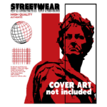 Imagem promocional de streetwear com design moderno, apresentando uma escultura estilizada em vermelho e preto, acompanhada de elementos gráficos como um globo e padrões geométricos. Texto destaca a alta qualidade e autenticidade da marca, com a informação de que a arte da capa não está incluída.