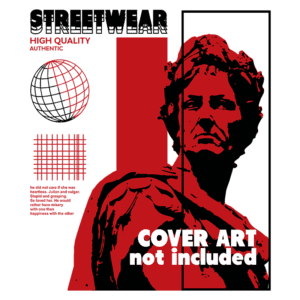Imagem promocional de streetwear com design moderno, apresentando uma escultura estilizada em vermelho e preto, acompanhada de elementos gráficos como um globo e padrões geométricos. Texto destaca a alta qualidade e autenticidade da marca, com a informação de que a arte da capa não está incluída.