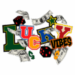 Imagem colorida com as palavras "LUCKY VIBES" em letras grandes, cercadas por notas de dinheiro e dados vermelhos. Ideal para representar sorte e vibrações positivas em jogos ou apostas.
