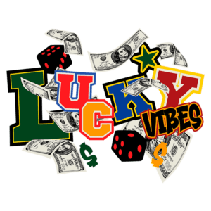 Imagem colorida com as palavras "LUCKY VIBES" em letras grandes, cercadas por notas de dinheiro e dados vermelhos. Ideal para representar sorte e vibrações positivas em jogos ou apostas.