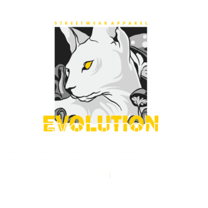 Ilustração de roupa streetwear com destaque para um gato branco e a palavra "EVOLUÇÃO". Design moderno e artístico, apresentando elementos de natureza. Edição limitada, simbolizando individualidade e criatividade.