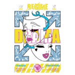 Ilustração colorida com o texto "DRAMA" em destaque, rodeada por elementos gráficos e padrões decorativos, representando um estilo moderno e ousado. A imagem é parte de uma coleção de moda com foco em design contemporâneo e cultura pop.