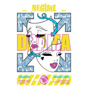 Ilustração colorida com o texto "DRAMA" em destaque, rodeada por elementos gráficos e padrões decorativos, representando um estilo moderno e ousado. A imagem é parte de uma coleção de moda com foco em design contemporâneo e cultura pop.