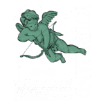 Anjo cupido com arco e flecha, representando o amor e a paixão, ao lado do texto "YOUR BRAND" em um design minimalista e artístico. Fundo verde com estrelas e elementos gráficos. Ideal para campanhas de marketing relacionadas a produtos românticos ou de presentes.