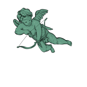 Anjo cupido com arco e flecha, representando o amor e a paixão, ao lado do texto "YOUR BRAND" em um design minimalista e artístico. Fundo verde com estrelas e elementos gráficos. Ideal para campanhas de marketing relacionadas a produtos românticos ou de presentes.