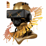 Imagem de um busto futurista com um visor de realidade virtual, apresentando um design em estilo cyberpunk. O busto é dourado e possui detalhes em preto, incluindo um rosto estilizado. Elementos gráficos em letras amarelas e laranja destacam a temática cyberpunk.