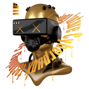 Imagem de um busto futurista com um visor de realidade virtual, apresentando um design em estilo cyberpunk. O busto é dourado e possui detalhes em preto, incluindo um rosto estilizado. Elementos gráficos em letras amarelas e laranja destacam a temática cyberpunk.
