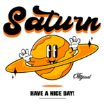 Ilustração divertida do planeta Saturno, com um design amigável e colorido, exibindo anéis e um rosto sorridente. Abaixo, a frase "Tenha um bom dia!" em destaque, complementando o tema alegre da imagem. Ideal para amantes da astronomia e design gráfico.