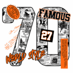 Design gráfico de uma camiseta com os números "70" e "27", com o texto "FAMOUS" e "WORLD STYLE", decorado com ilustrações vintage e anúncios. Inclui detalhes sobre Los Angeles e a data de 1953. Ideal para promoção de moda retro e estilo urbano.