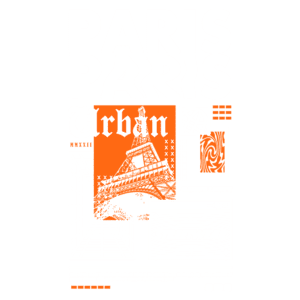 Arte gráfica com o tema "Paris Urban", destacando a Torre Eiffel, coordenadas geográficas e elementos de design moderno. Ideal para promover moda streetwear inspirada na cultura urbana de Paris.