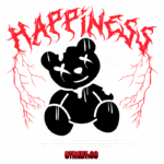 Ilustração de um ursinho de pelúcia preto com olhos X, cercado por elementos gráficos em vermelho, com a palavra "HAPPINESS" em destaque. A arte expressa uma mensagem sobre a felicidade e a importância do amor próprio, associada à marca Streetwear.