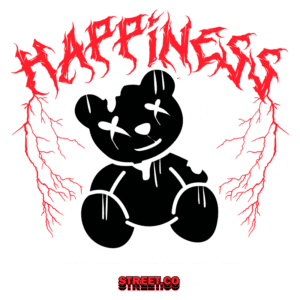 Ilustração de um ursinho de pelúcia preto com olhos X, cercado por elementos gráficos em vermelho, com a palavra "HAPPINESS" em destaque. A arte expressa uma mensagem sobre a felicidade e a importância do amor próprio, associada à marca Streetwear.