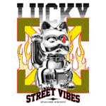 Imagem de um gato da sorte estilizado em um design moderno, com elementos de chamas e texto em destaque "LUCKY STREET VIBES". O gato é prateado e apresenta um olhar expressivo, simbolizando boa sorte e energia urbana.