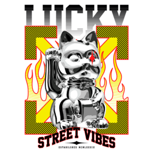 Imagem de um gato da sorte estilizado em um design moderno, com elementos de chamas e texto em destaque "LUCKY STREET VIBES". O gato é prateado e apresenta um olhar expressivo, simbolizando boa sorte e energia urbana.