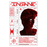 Imagem estilizada com um busto vermelho de uma escultura clássica, cercado por elementos gráficos futuristas e texto em vermelho, apresentando informações sobre o projeto "INSANE". O design combina arte clássica e estética digital moderna.