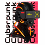 Imagem de um busto futurista com um capacete de realidade virtual estilo cyberpunk, apresentando detalhes em neon laranja e preto. O fundo possui elementos gráficos em vermelho e preto com a palavra "Cyberpunk" em destaque. Ideal para temas de tecnologia e estética futurista.