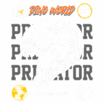 Imagem ilustrativa do Tyrannosaurus rex com o texto "Dino World" e "Predador" em destaque. A arte inclui ícones de dinossauros e um globo terrestre, enfatizando o tema de dinossauros e paleontologia.
