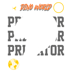 Imagem ilustrativa do Tyrannosaurus rex com o texto "Dino World" e "Predador" em destaque. A arte inclui ícones de dinossauros e um globo terrestre, enfatizando o tema de dinossauros e paleontologia.