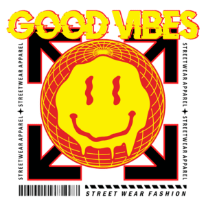 Design gráfico de moda streetwear com o texto "GOOD VIBES" e um globo sorridente em amarelo e vermelho, destacando a estética vibrante e descontraída da coleção.