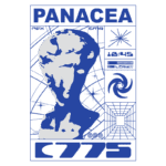 Imagem com um busto estilizado em azul e branco, com o título "PANACEA" em destaque. O fundo apresenta elementos gráficos como estrelas, um espiral e informações em estilo digital, como horário e ícones. Design moderno e futurista.