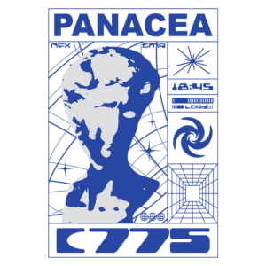 Imagem com um busto estilizado em azul e branco, com o título "PANACEA" em destaque. O fundo apresenta elementos gráficos como estrelas, um espiral e informações em estilo digital, como horário e ícones. Design moderno e futurista.