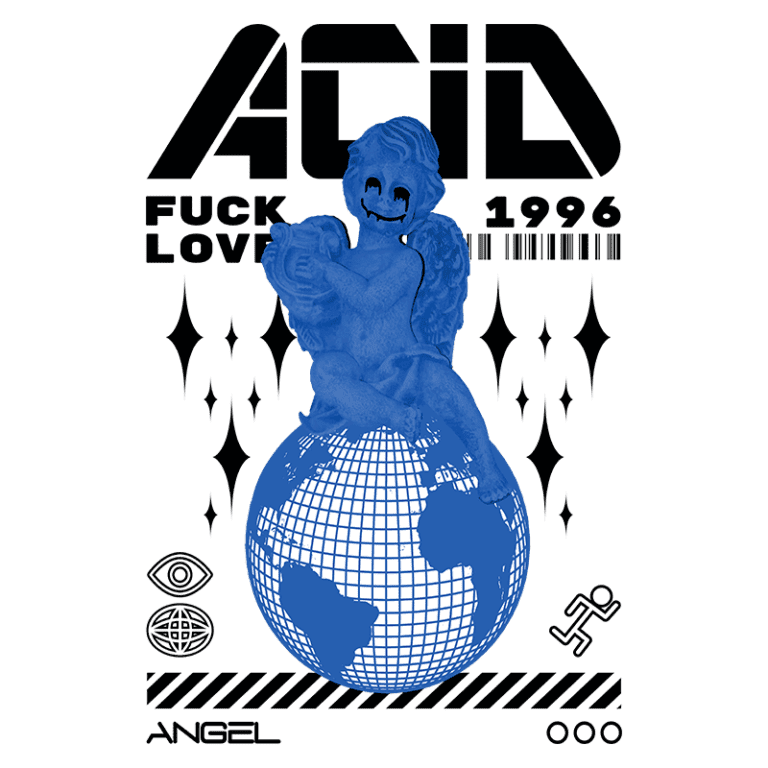 Imagem de uma escultura de anjo azul sentado sobre um globo terrestre, com elementos gráficos e texto estilizado "ACID FUCK LOVE 1996". A arte combina uma estética moderna com referências a temas de amor e rebeldia.