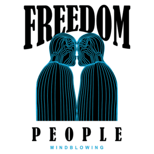 Ilustração de duas figuras humanas em estilo line art, simbolizando liberdade e conexão, com a palavra "FREEDOM" no topo e "PEOPLE" abaixo, destacando a mensagem de união e impacto.