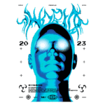 Imagem digital de um rosto humano em tons de azul, com olhos brilhantes e um estilo futurista. O design inclui textos estilizados e elementos gráficos, destacando o ano 2023 e temas de biotecnologia e transhumanismo. Ideal para promover eventos relacionados à ciência e inovação.