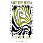 Design gráfico com a frase "Save the Zebra" destacada, acompanhada de ilustrações estilizadas de uma zebra e a nomenclatura científica "Subgenus Hippopotigris", promovendo a conscientização sobre a preservação das zebras.