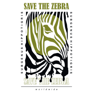 Design gráfico com a frase "Save the Zebra" destacada, acompanhada de ilustrações estilizadas de uma zebra e a nomenclatura científica "Subgenus Hippopotigris", promovendo a conscientização sobre a preservação das zebras.