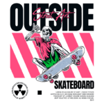 Ilustração de um esqueleto fazendo manobras em um skate, com elementos de arte de rua, texto "OUTSIDE" e "SKATEBOARD" em destaque, destacando a cultura do skate e do grafite.