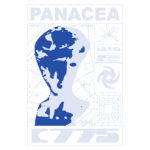 Imagem estilizada com o título "PANACEA", apresentando a silhueta de uma figura humana em azul sobre um fundo branco, com elementos gráficos como um relógio digital, formas geométricas e ícones que sugerem tecnologia e exploração.