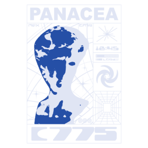 Imagem estilizada com o título "PANACEA", apresentando a silhueta de uma figura humana em azul sobre um fundo branco, com elementos gráficos como um relógio digital, formas geométricas e ícones que sugerem tecnologia e exploração.