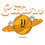 Ilustração divertida de Saturno, o planeta com anéis, com um rosto sorridente e braços acenando. A imagem inclui o texto "Saturn" em letras estilizadas e "Have a nice day!" em destaque. Ideal para temas relacionados ao espaço e à astronomia.