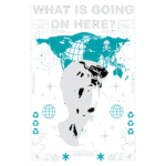 Imagem com fundo gráfico em azul e verde, apresentando a silhueta de uma cabeça estilizada, acompanhada de elementos como globos, símbolos de controle e texto provocativo "WHAT IS GOING ON HERE?". Design voltado para moda streetwear, com referências artísticas e culturais.